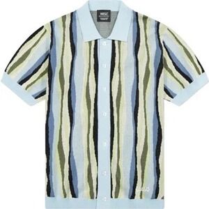 WeSC Unisex Knit Polo XL Blue Green Wavy Stripe Button Front P115748T63T NEW